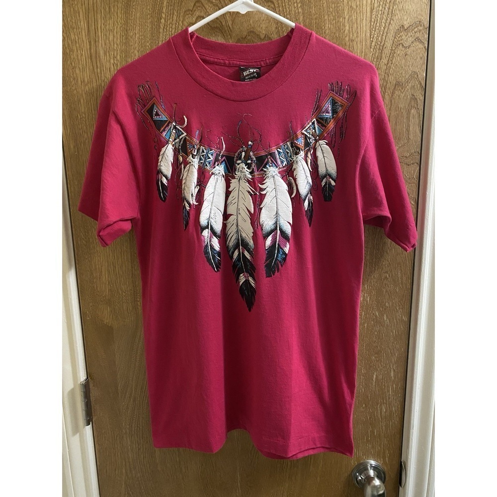 Vintage Women's Best 90s Pink Western Native Feather T-shirt Size M Rodeo